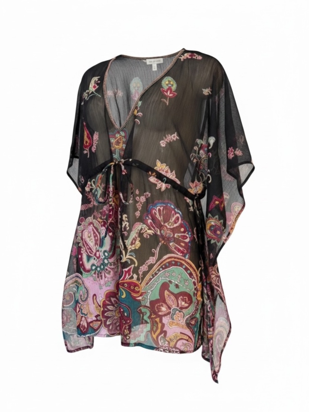 Miami Bohemian Black Sheer Colorful Paisley‎ Sequin Beaded Kimono Coverup Blouse